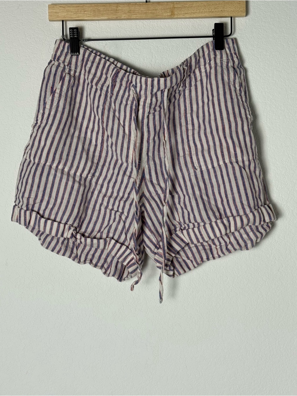 Linen Striped Drawstring Women’s Shorts - Blue/Red